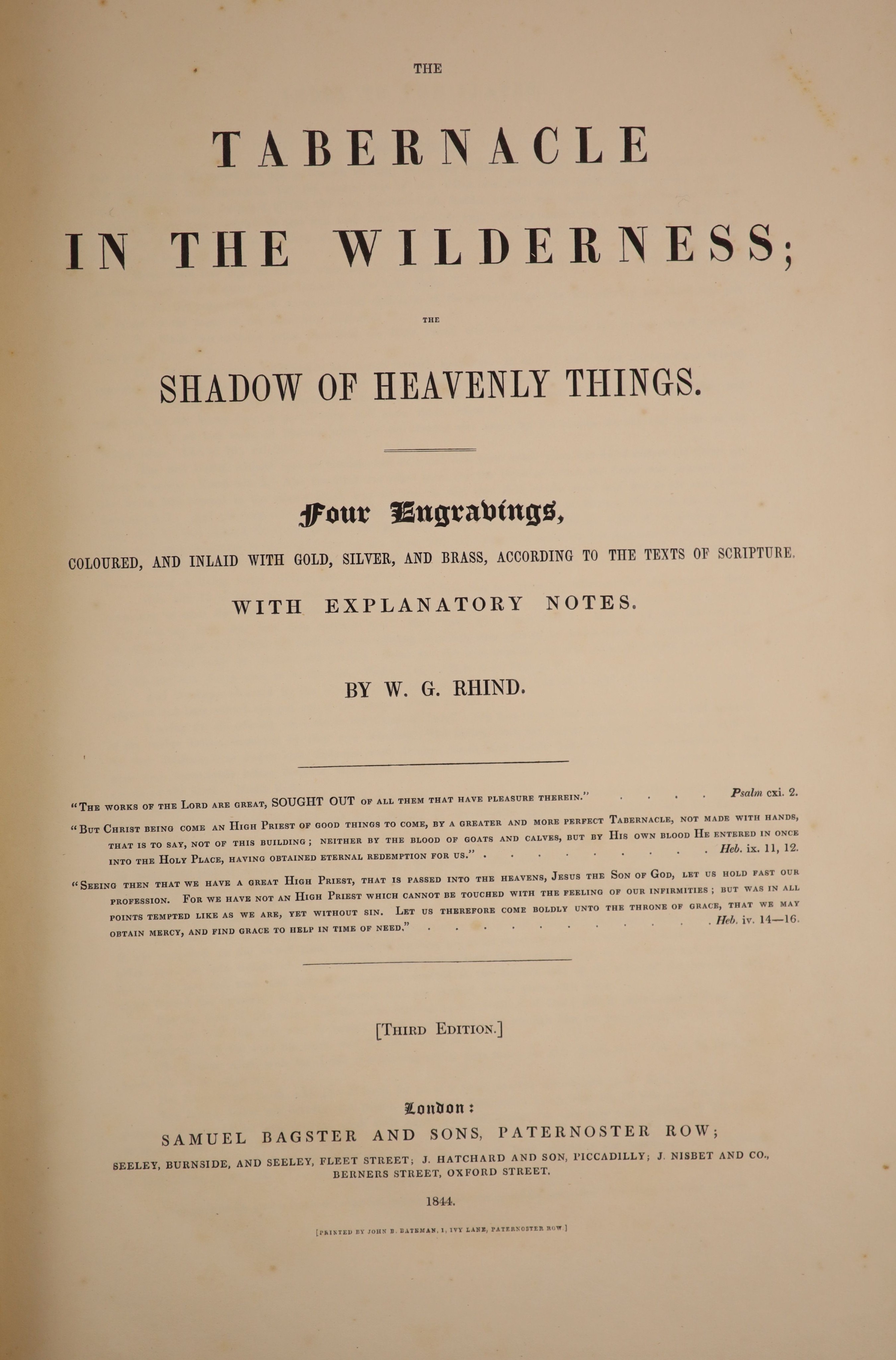 Rhind, W.G - The Tabernacle in the Wilderness, 3rd edition, folio, original cloth, with frontispiece and 3 hand-coloured plates, Samuel Bagster, London, 1844